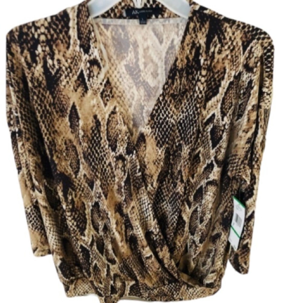 Anne Klein size large brown snake skin print faux wrap with banded hem